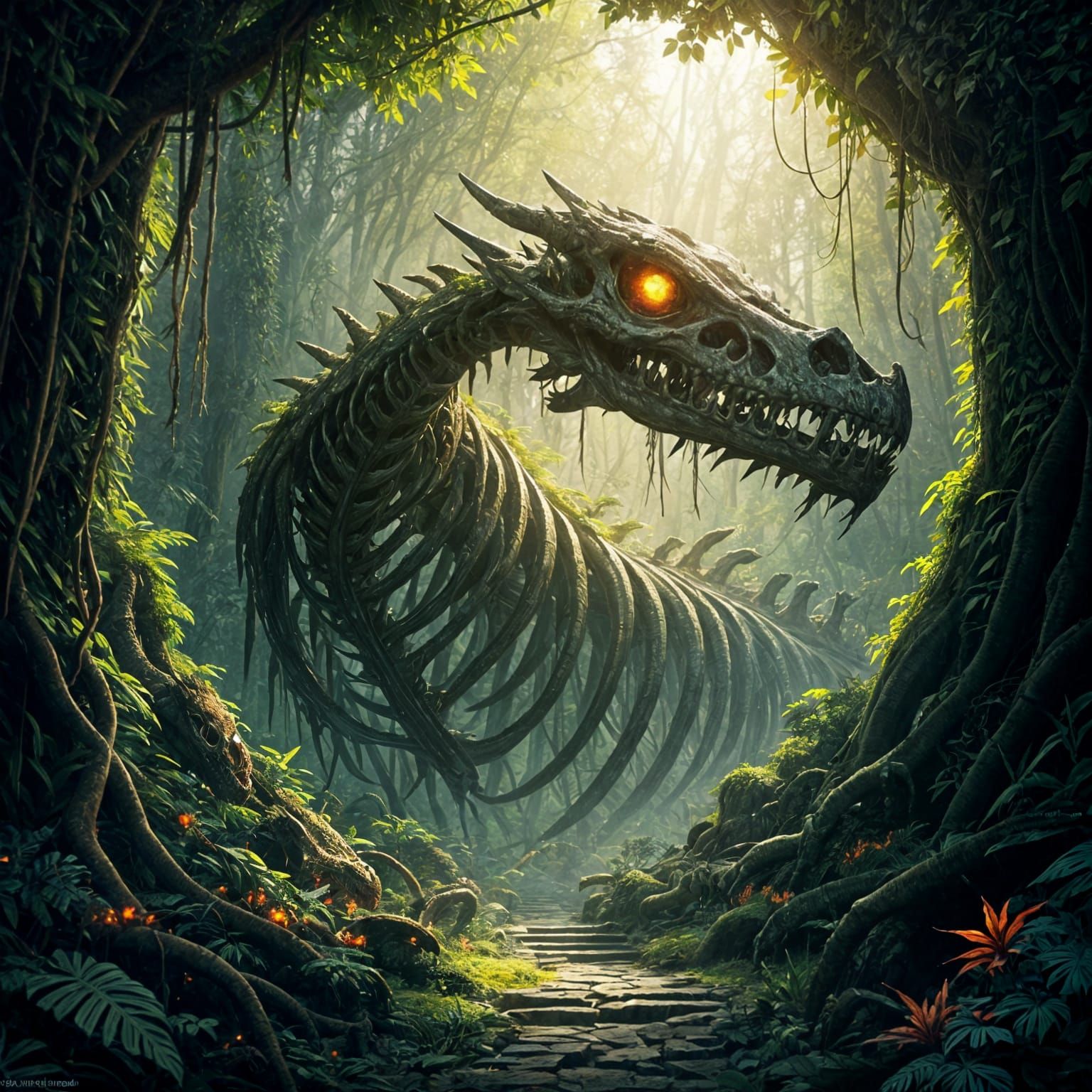 Dragon Skeleton Lurking in Jungle Sunlight