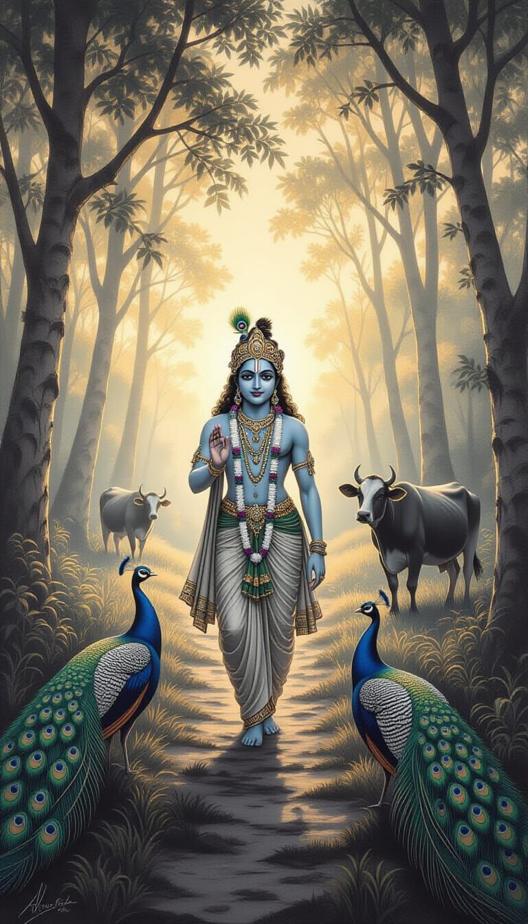 Lord Krishna in Forest, Charcoal Drawing Style