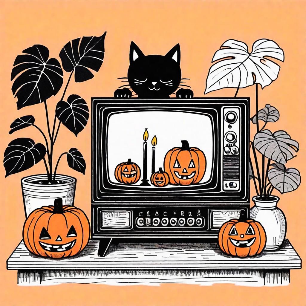 Halloween Night: Crayon Illustration of Vintage TV