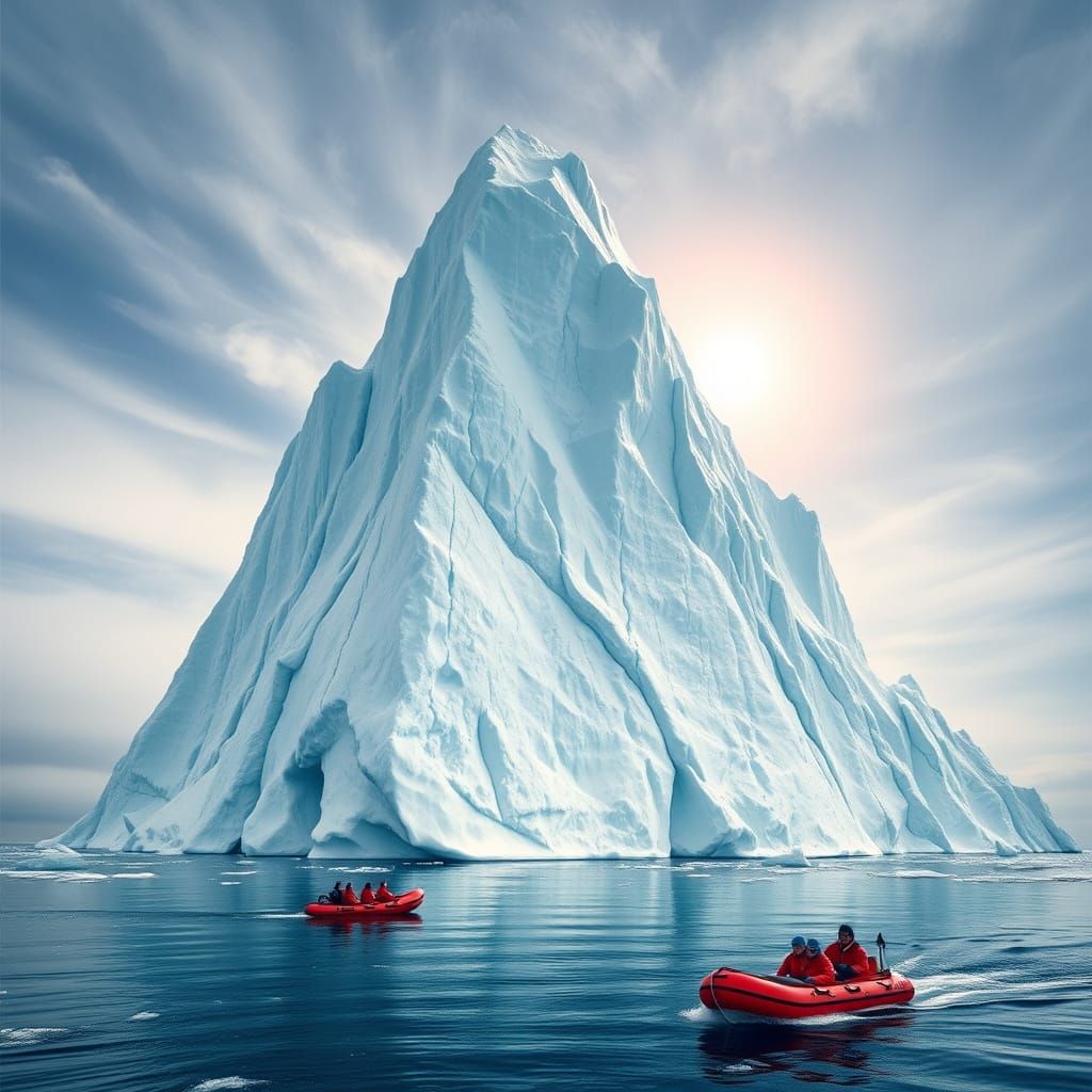 Towering Iceberg in Icy Ocean with Red Boats