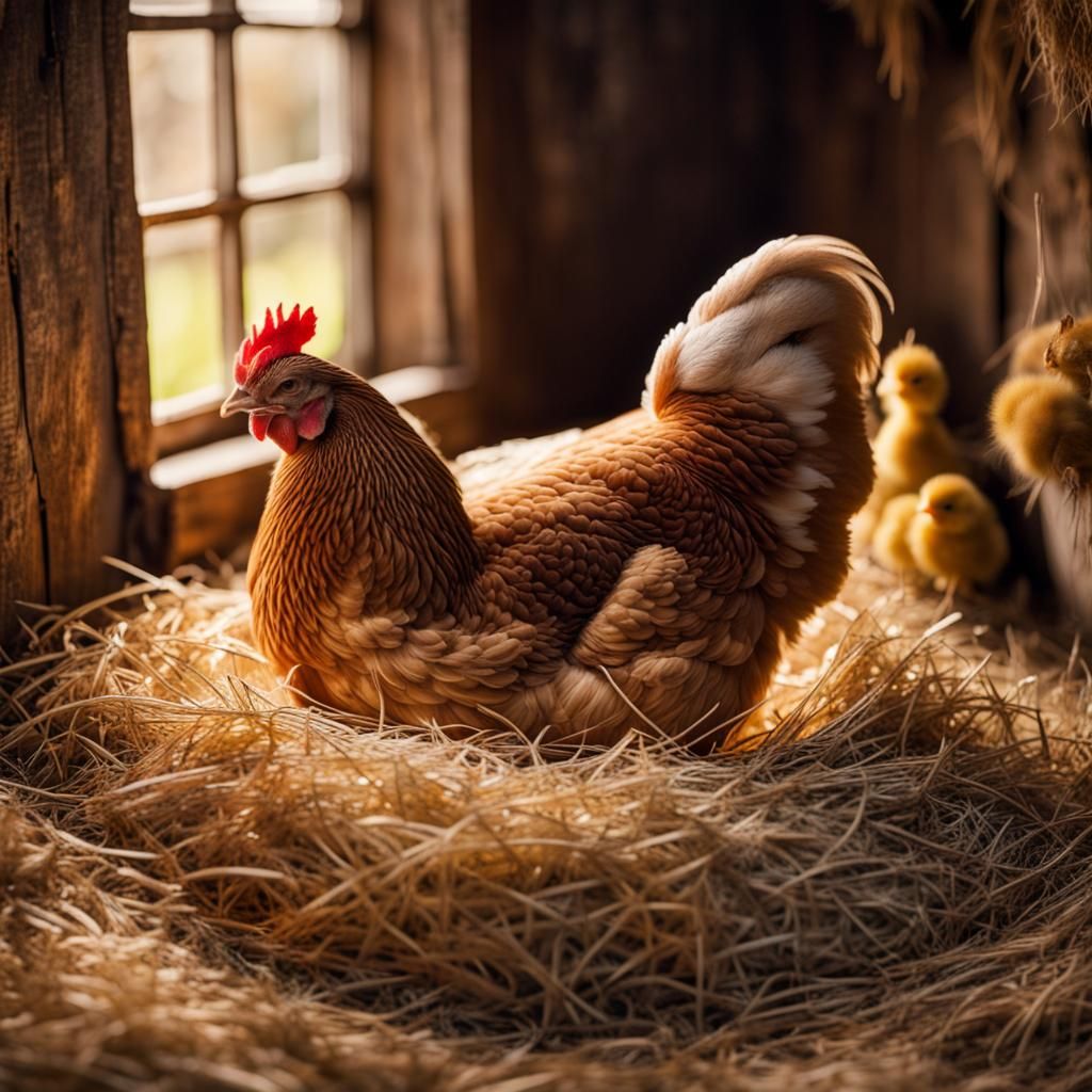 Intricate Hen with Chicks in Cozy Barn
