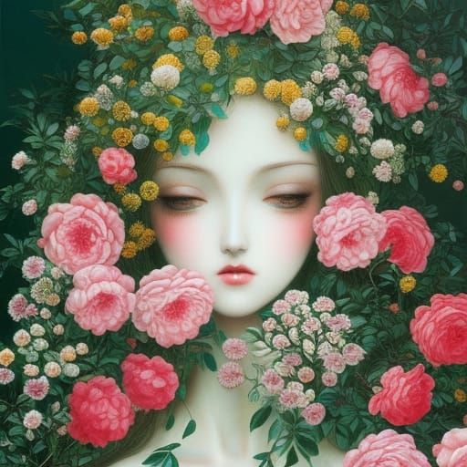 Woman Surrounded by Roses in Amano Style