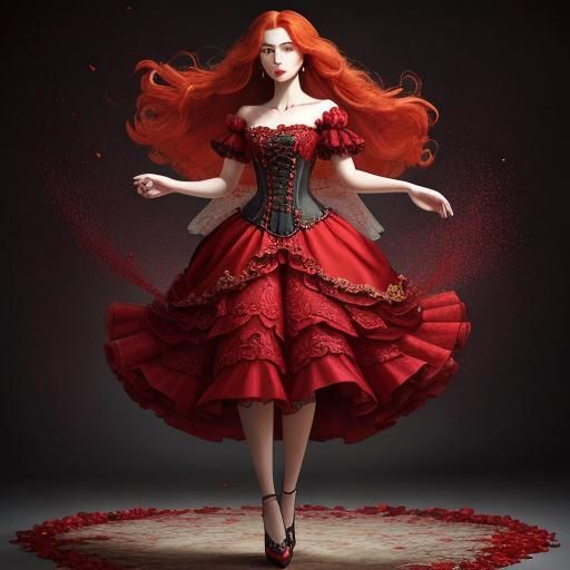 Cruel Beauty in Crimson Dress with Upside-Down Rose