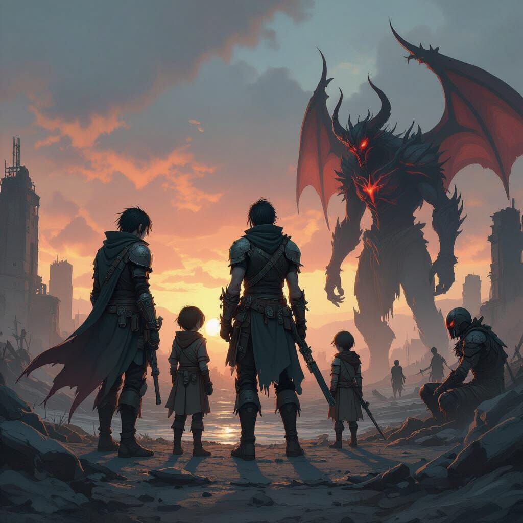 Anime Heroes and Demons in Apocalyptic Landscape