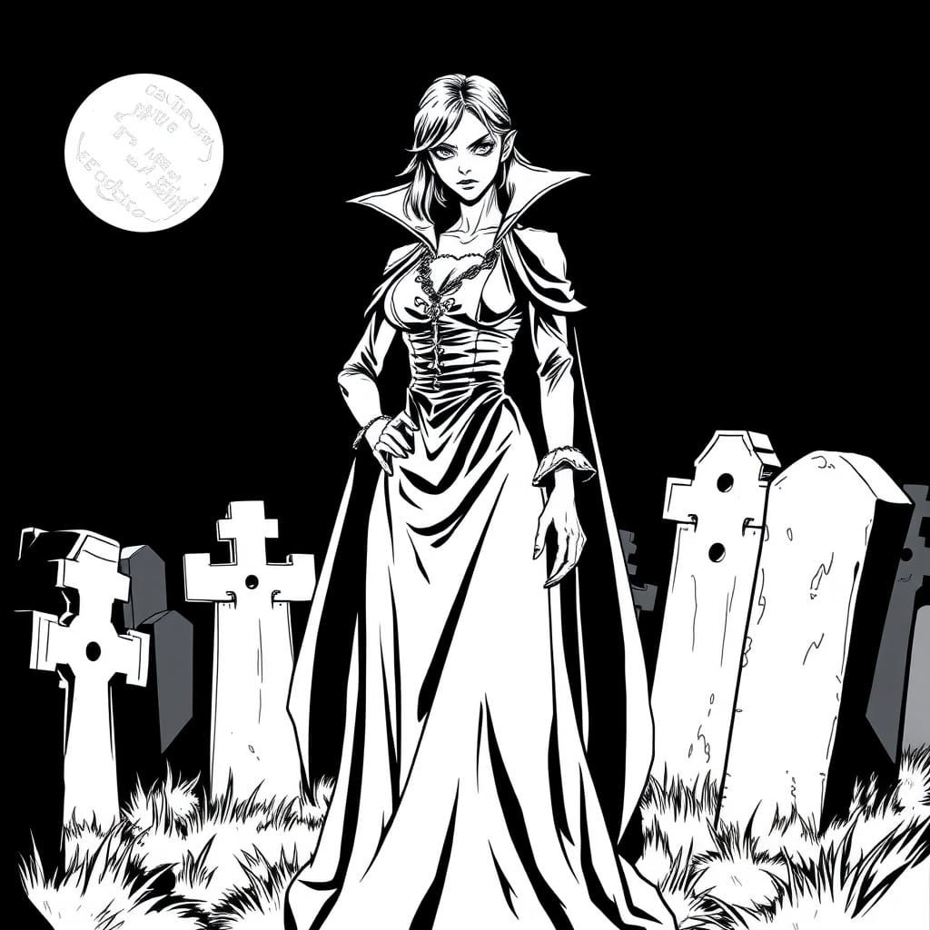 Confident Vampire Girl in Graveyard, 1980s Line Art