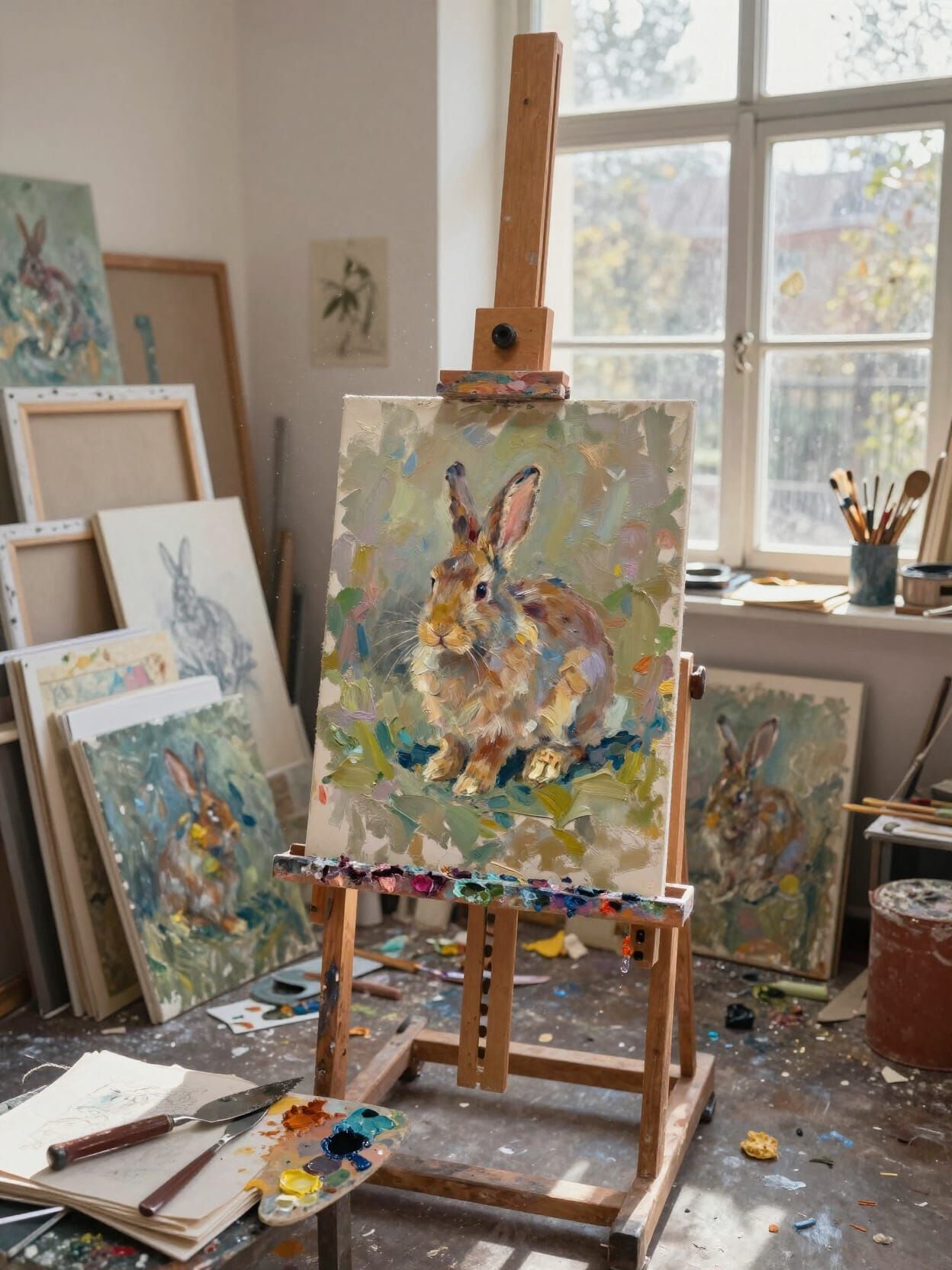 Sunlit Artist Studio with Impasto Rabbit Painting