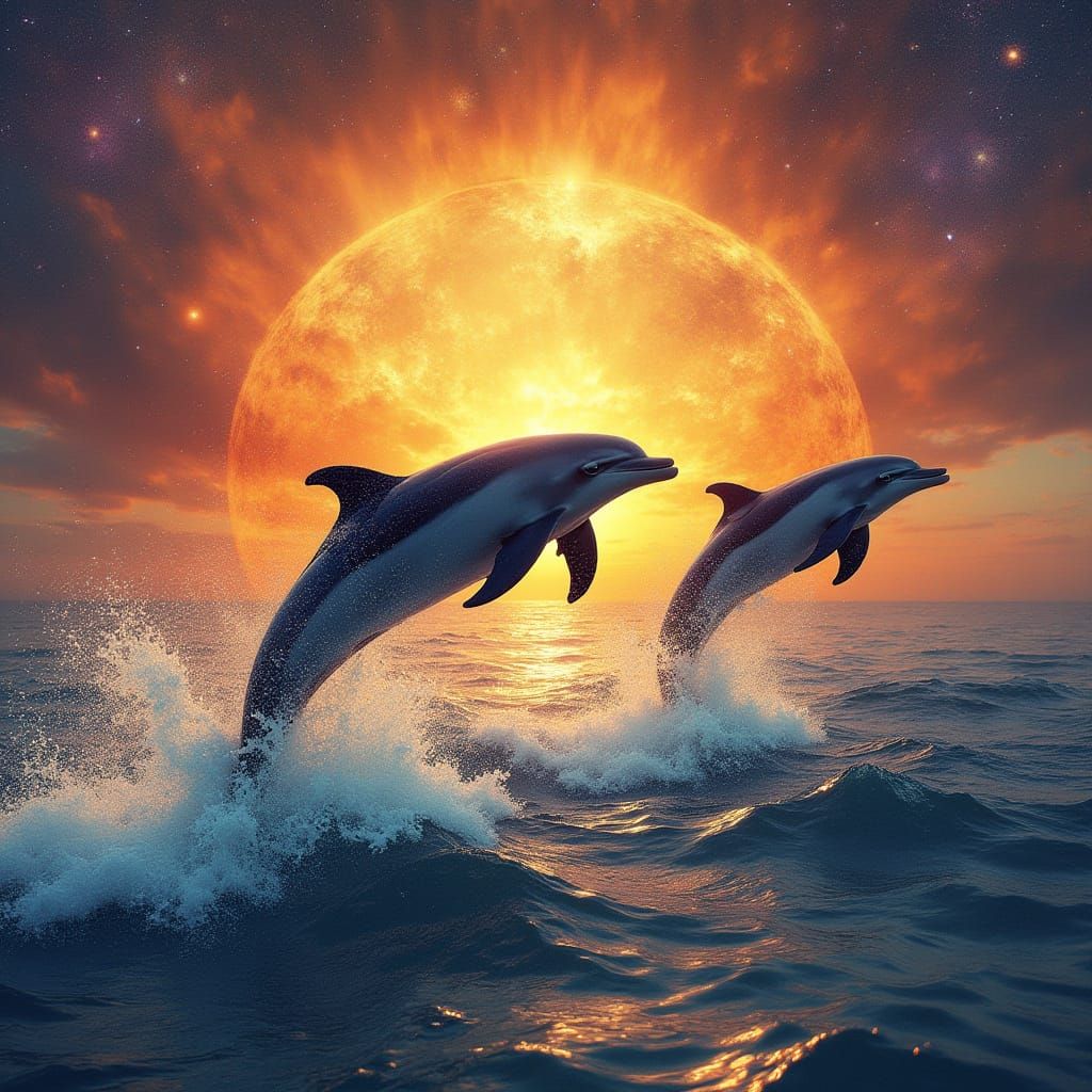 Dolphins Leaping in Cosmic Sunset