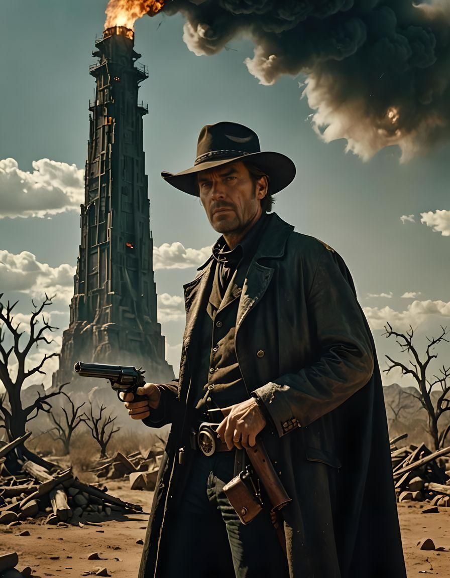 Cinematic Gunslinger Portrait with Fire Revolvers