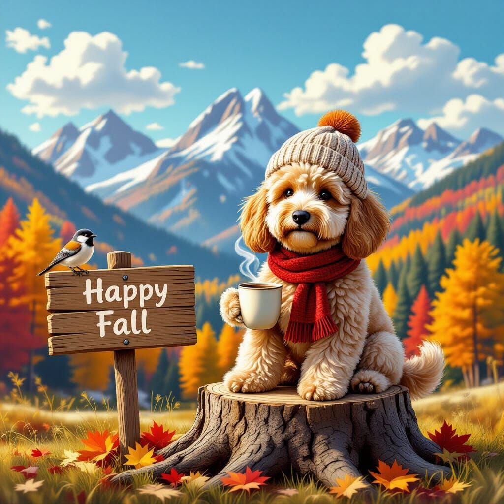 Whimsical beautiful, soft-furred Golden Doodle dog, wooly ha...