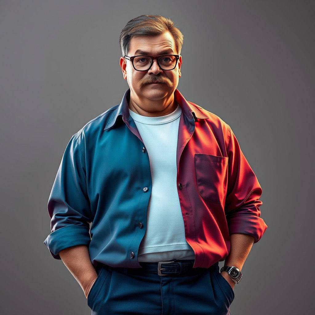 Detailed Matte Painting of Middle-Aged Man in Bowling Shirt