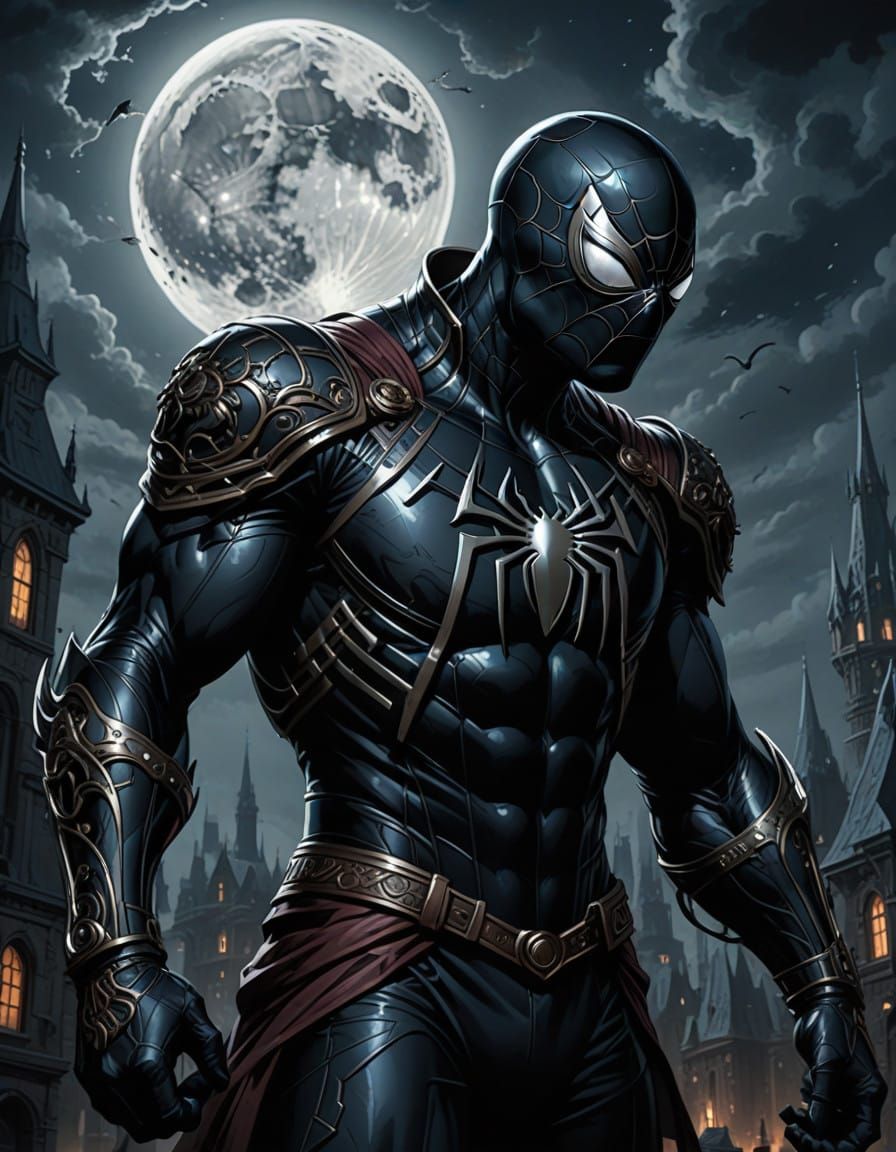 Heroic Spider-Man in Dark Fantasy Iron Armor Under Full Moon