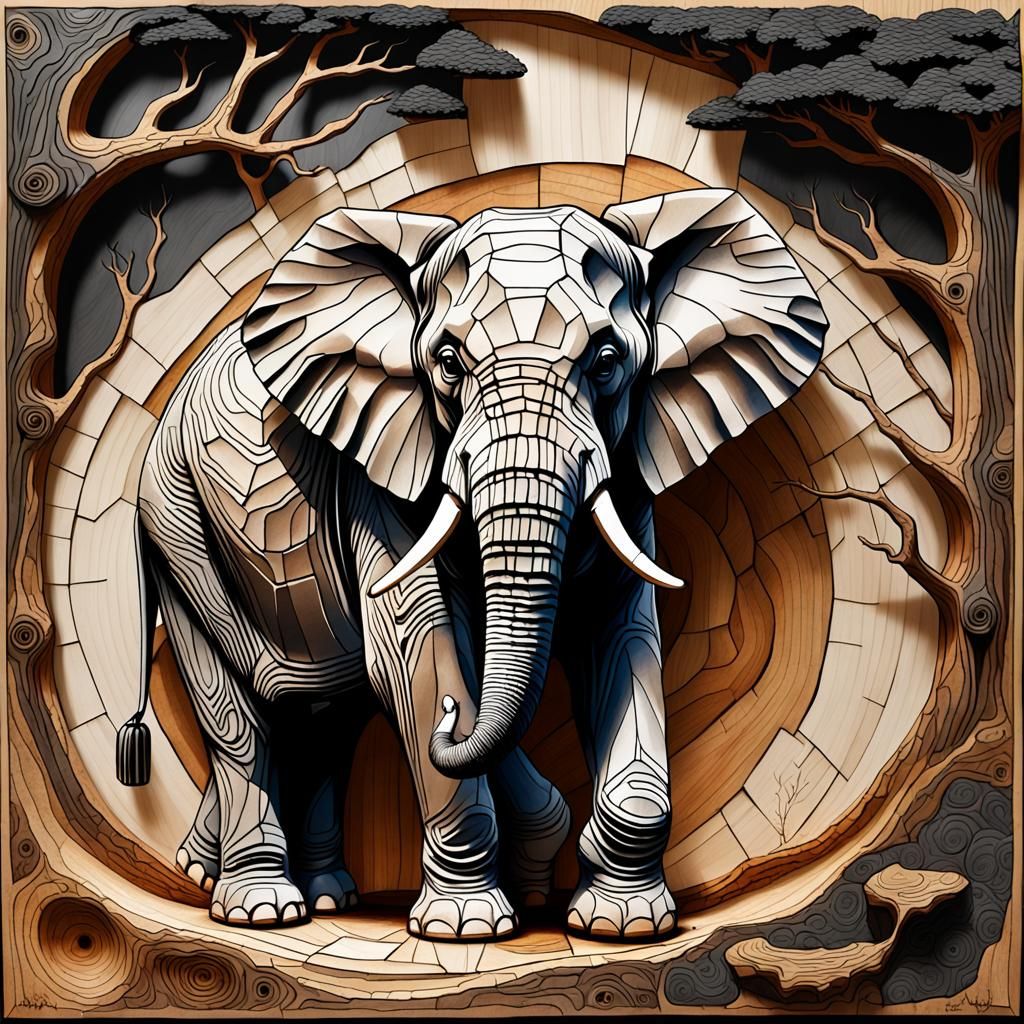 Mosaic Elephant: Burned Wood Sculpture in Shou Sugi Ban Styl...