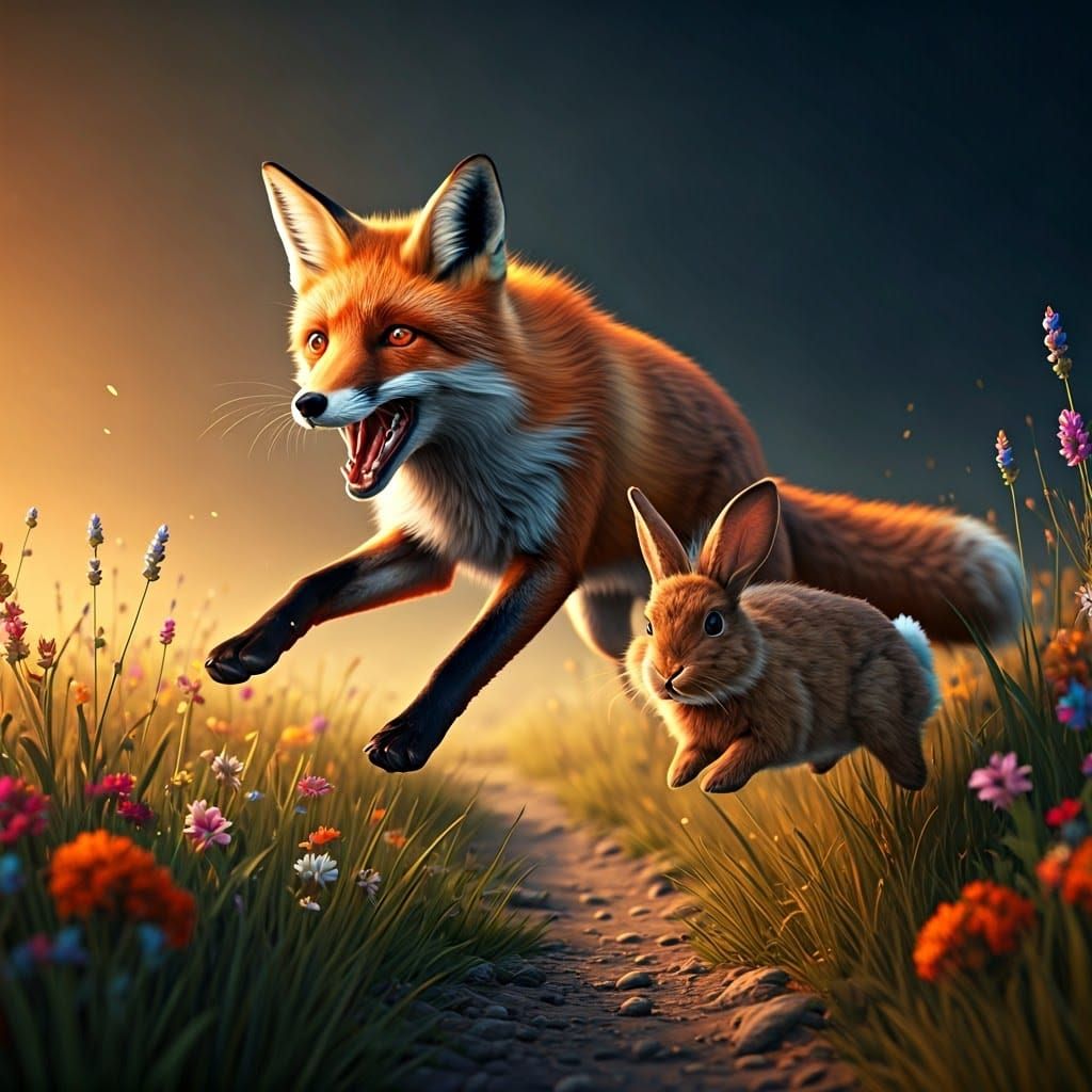 Sleek Fox Chases Vibrant Rabbit in Sunlit Grassland