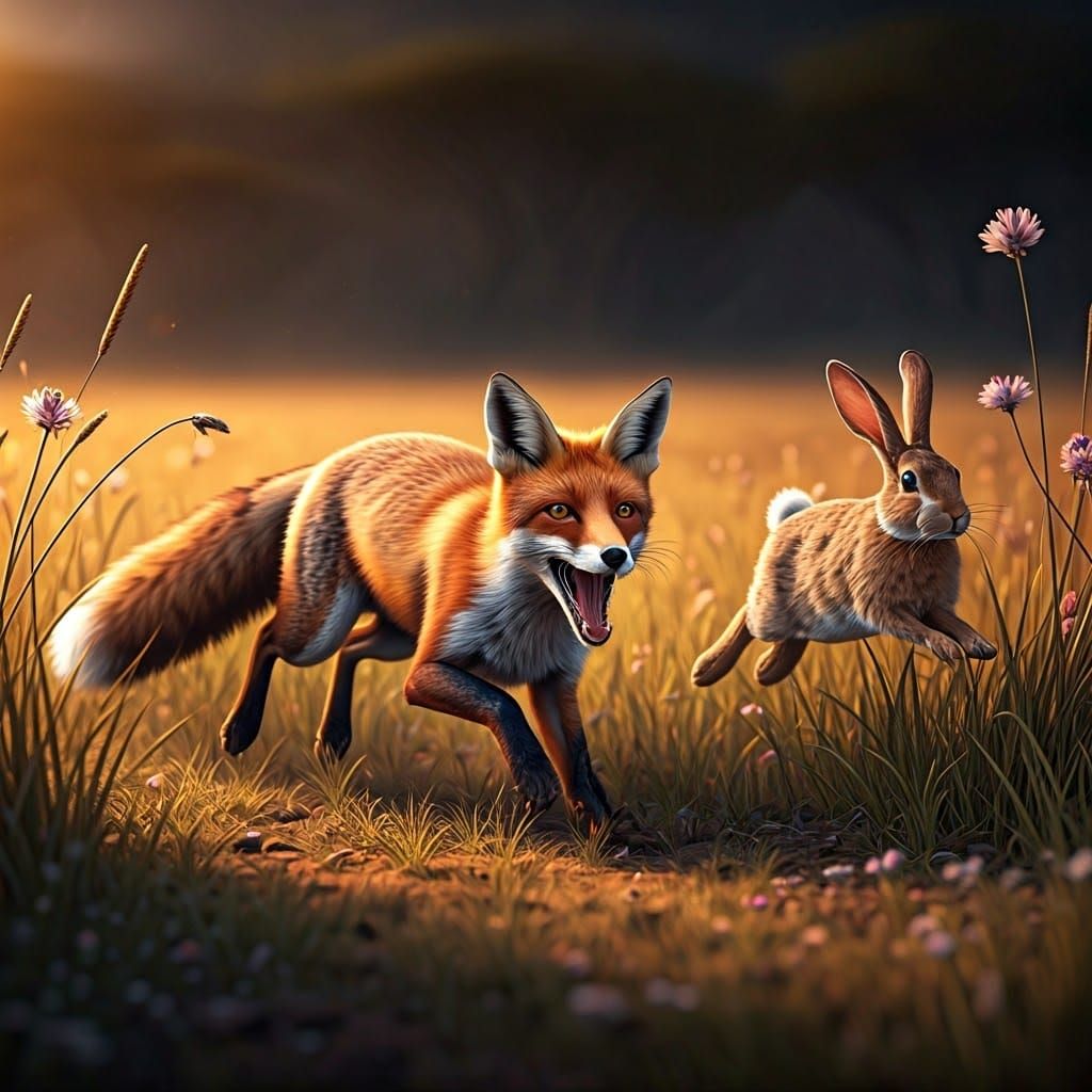 Vibrant Fox Chases Agile Rabbit Through Sun-Drenched Grassla...