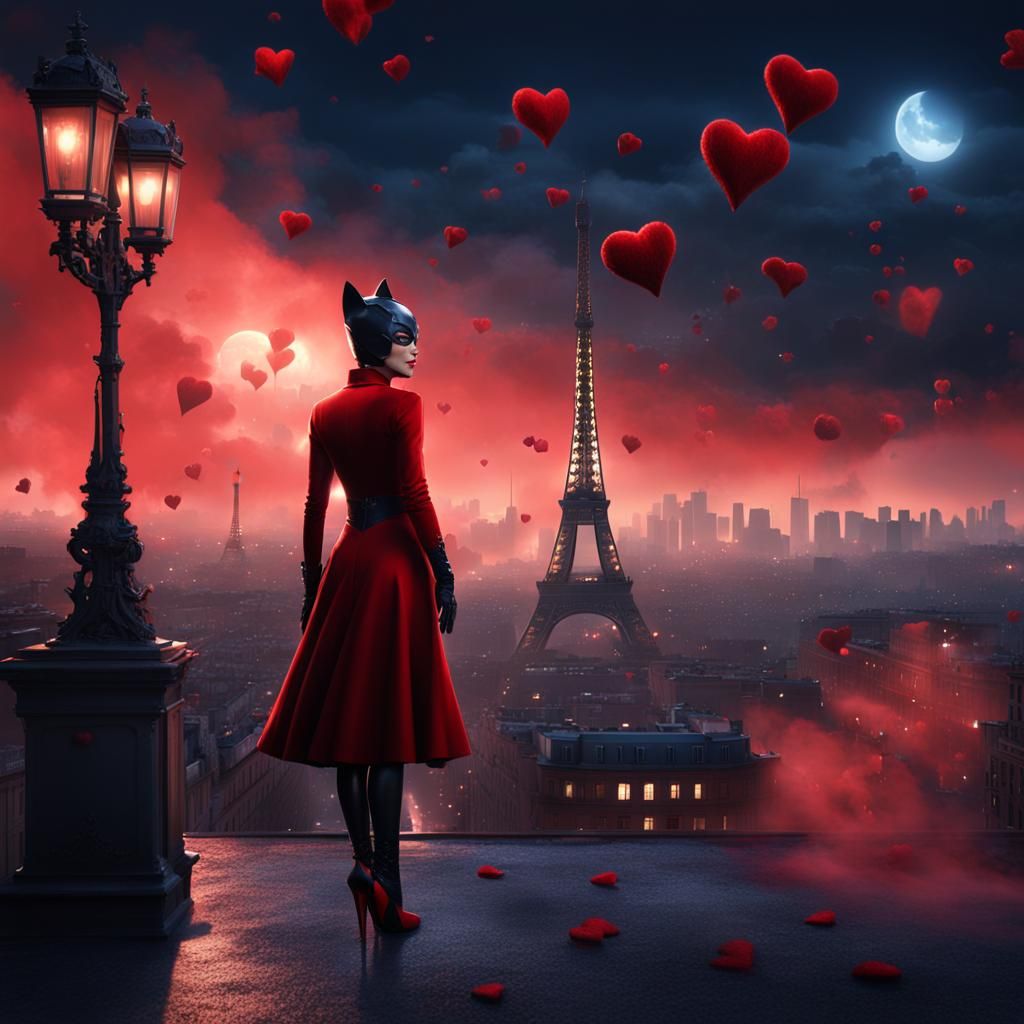 Catwoman in Paris Nightscape: Detailed Matte Painting