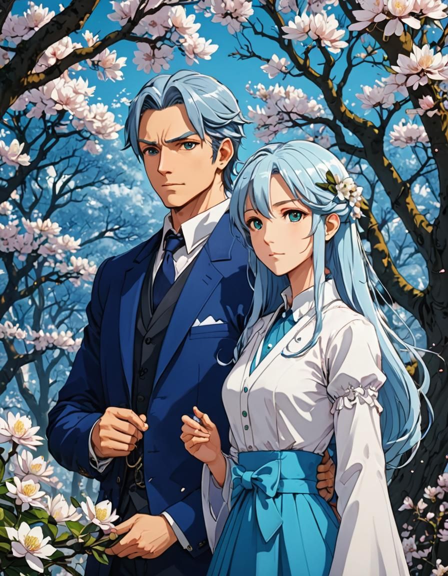 Anime Couple with Blue Hair and Magnolia Background