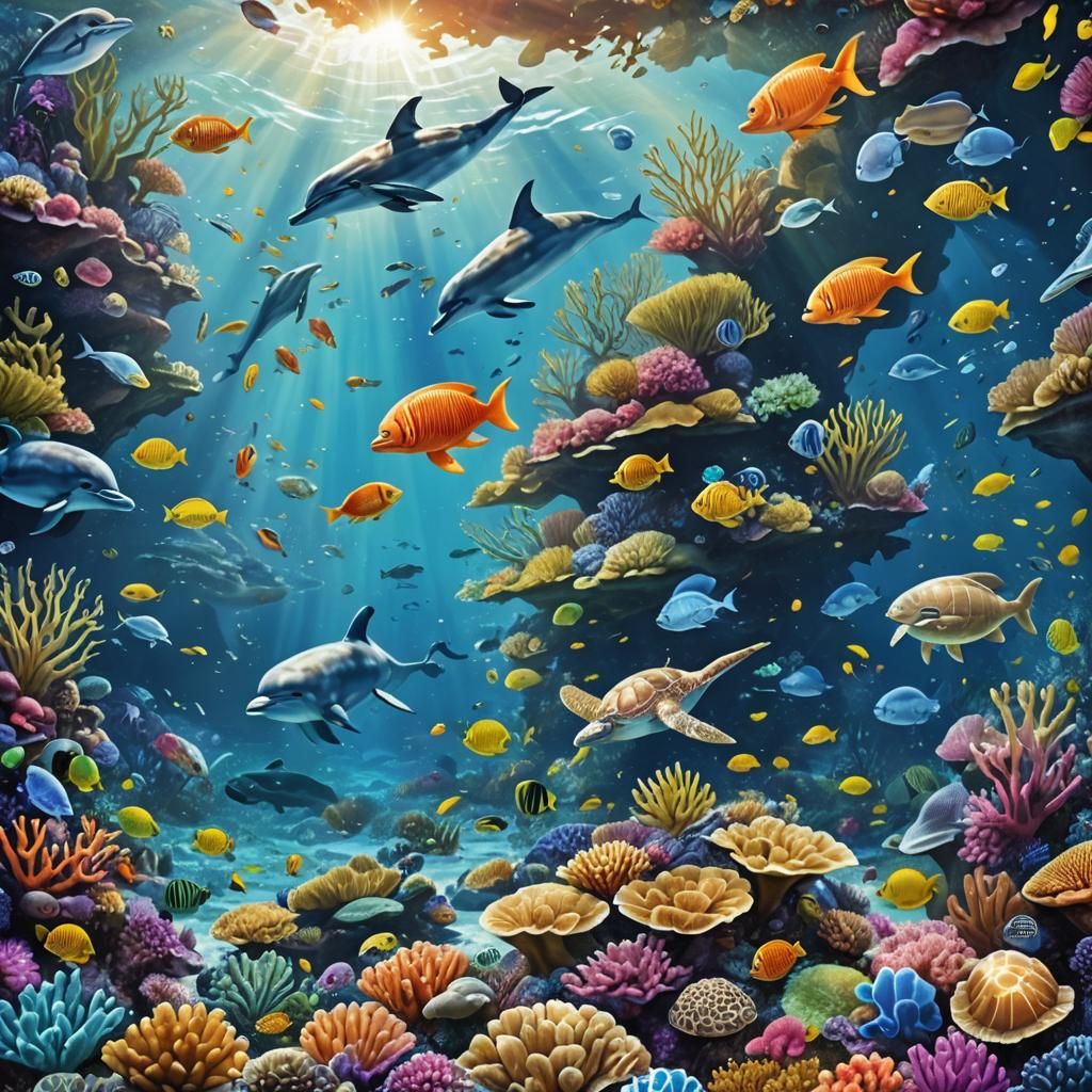 Vibrant Coral Reef Underwater Paradise with Dolphins