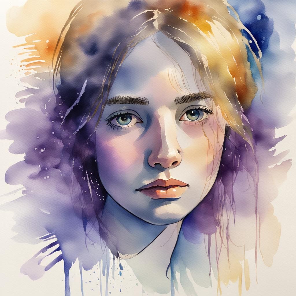 Watercolor Portrait of a Young Woman in Blue and Purple