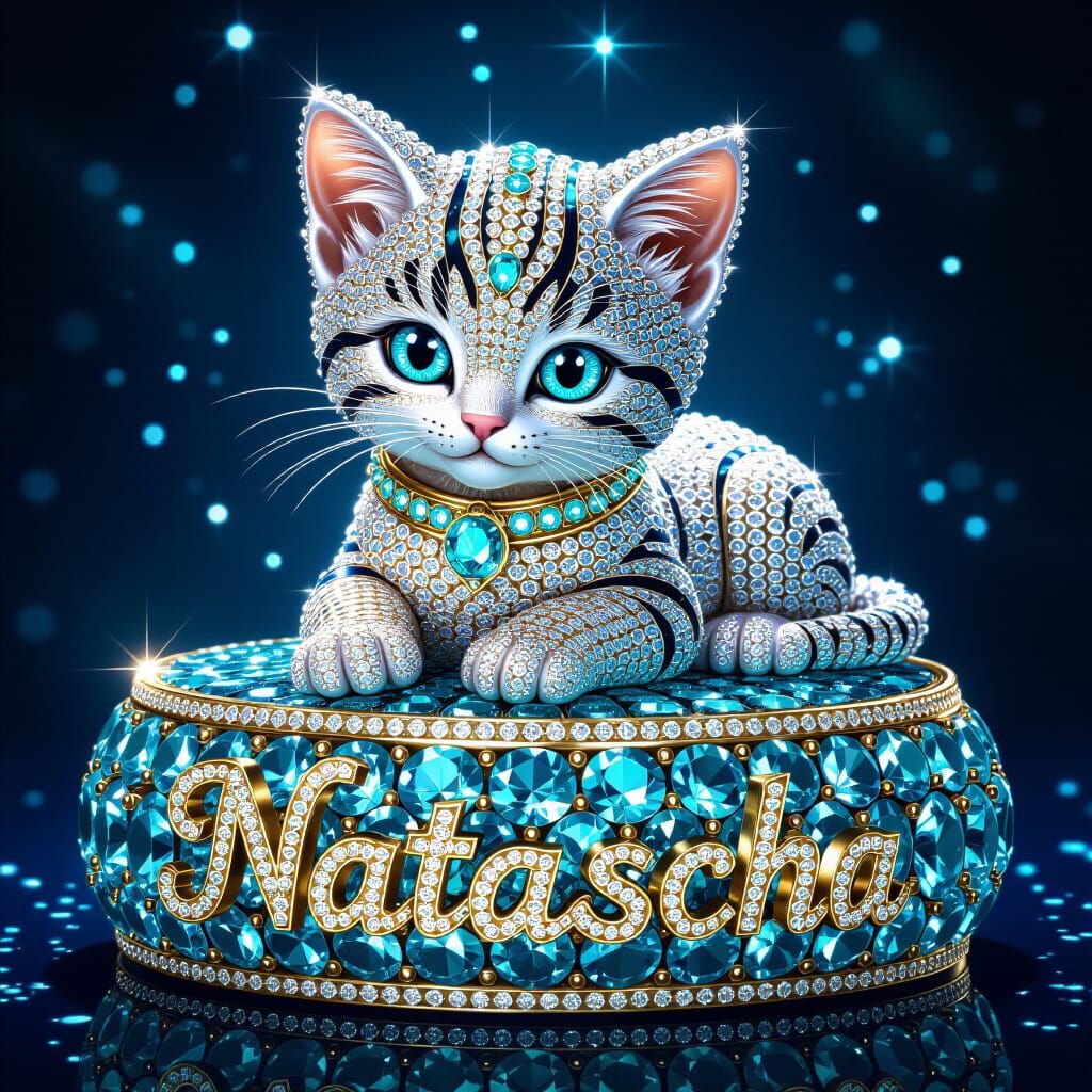 Diamond Kitten Statue with Turquoise Eyes in Opulent Setting