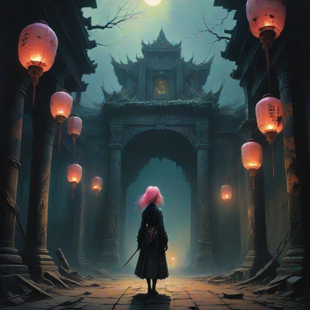 Sakura Queen in Abandoned Temple: Dark Fantasy Portrait