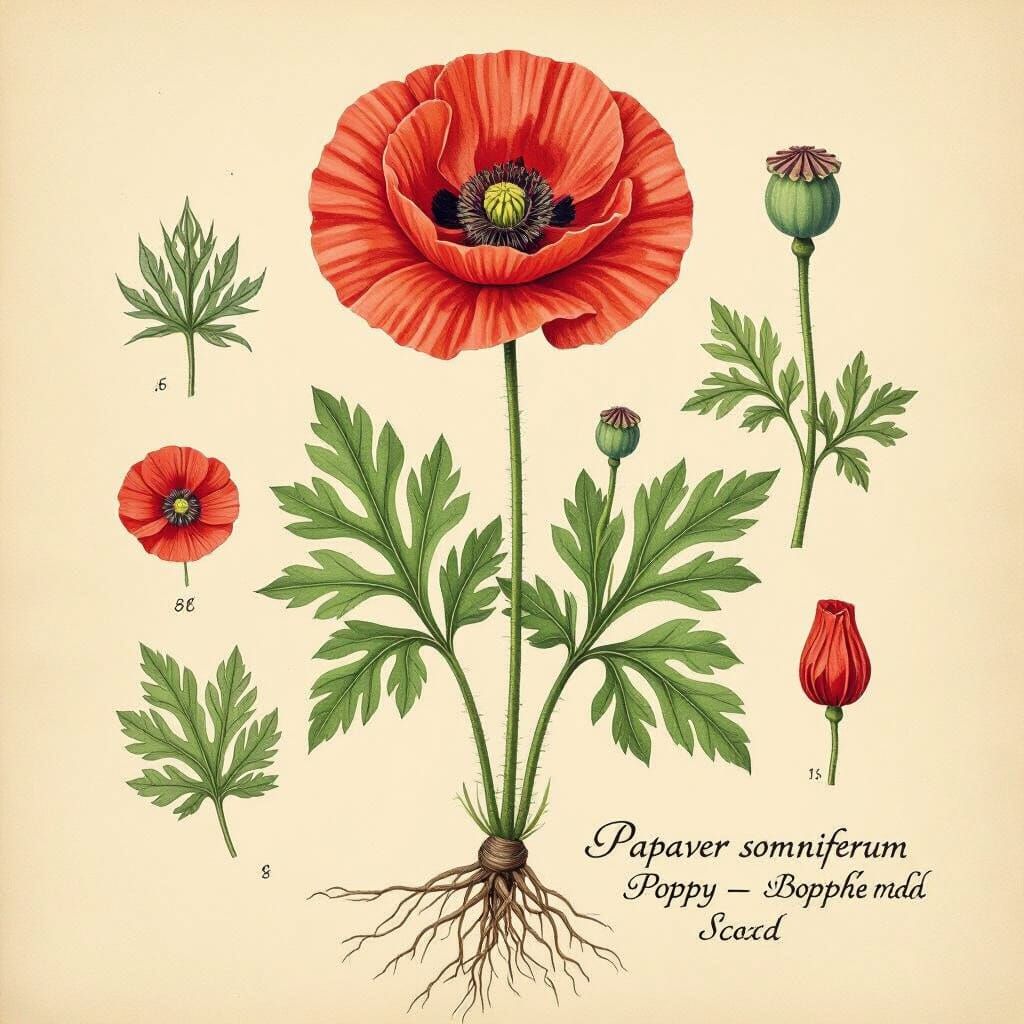 Botanical Plate of Poppy Plant in Vintage Style
