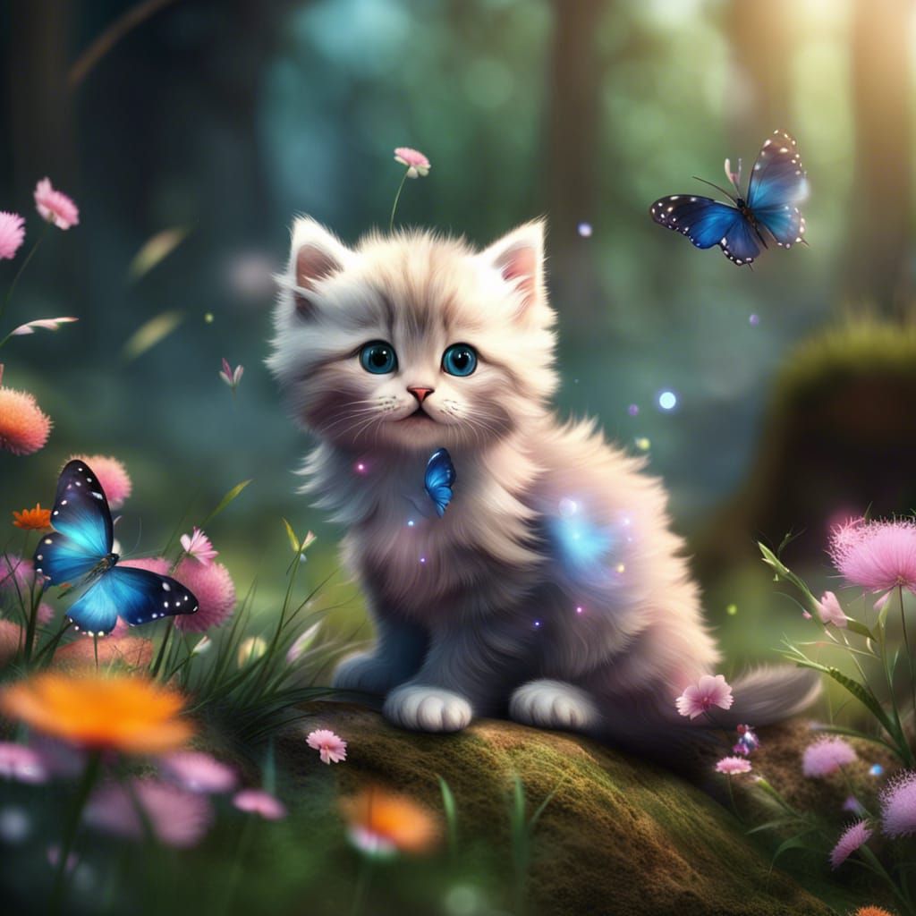 Cute Kitten in Ethereal Forest Landscape