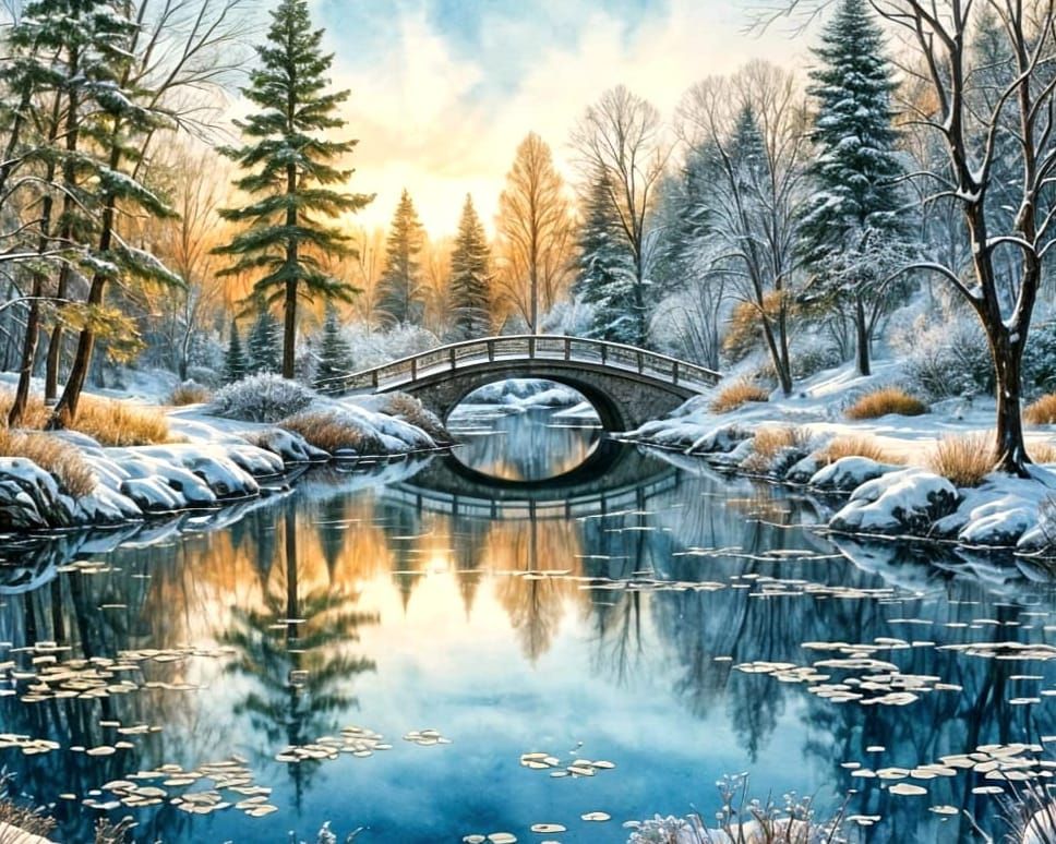 Winter Wonderland Landscape in Watercolor and Ink