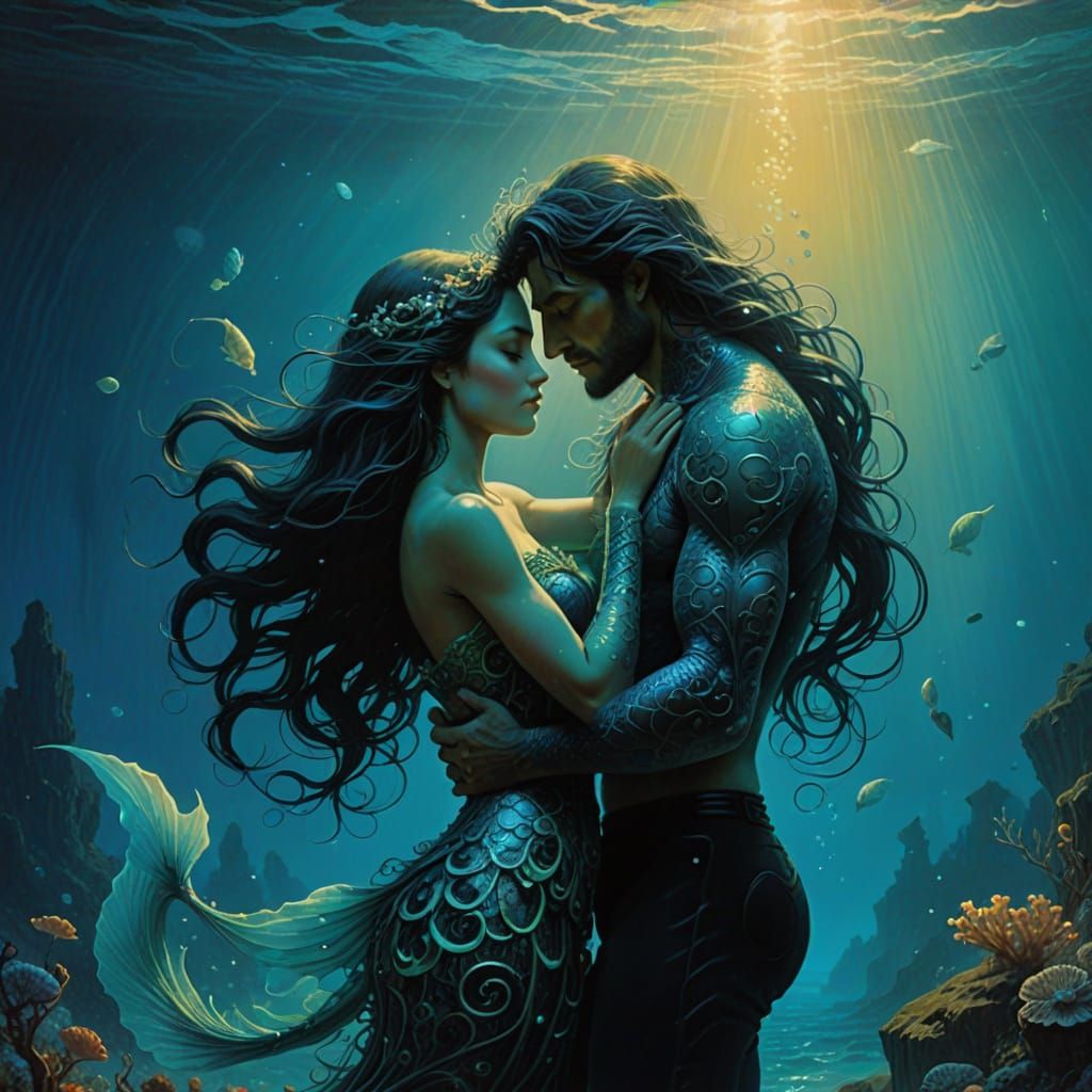 Sensual Mermaid and Merman in Dreamy Underwater Embrace