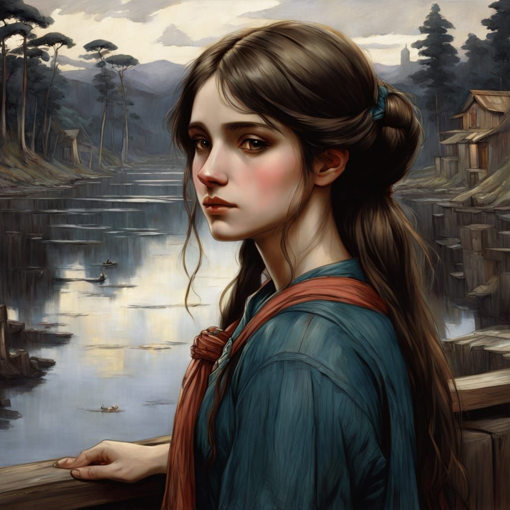 Serene Girl by a Moonlit Lake