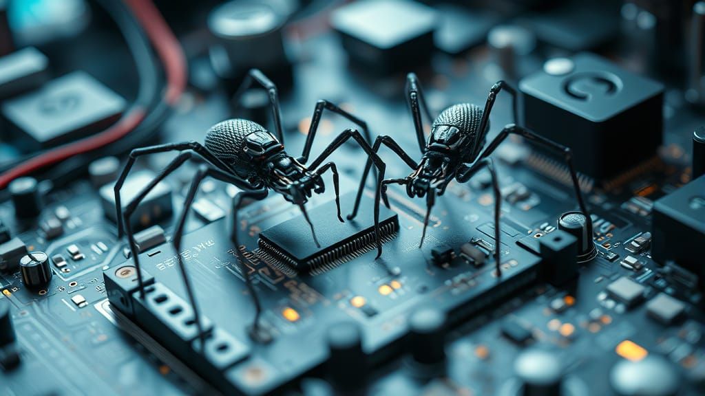Spider Nanobots Repair Circuit Board in Futuristic Lab