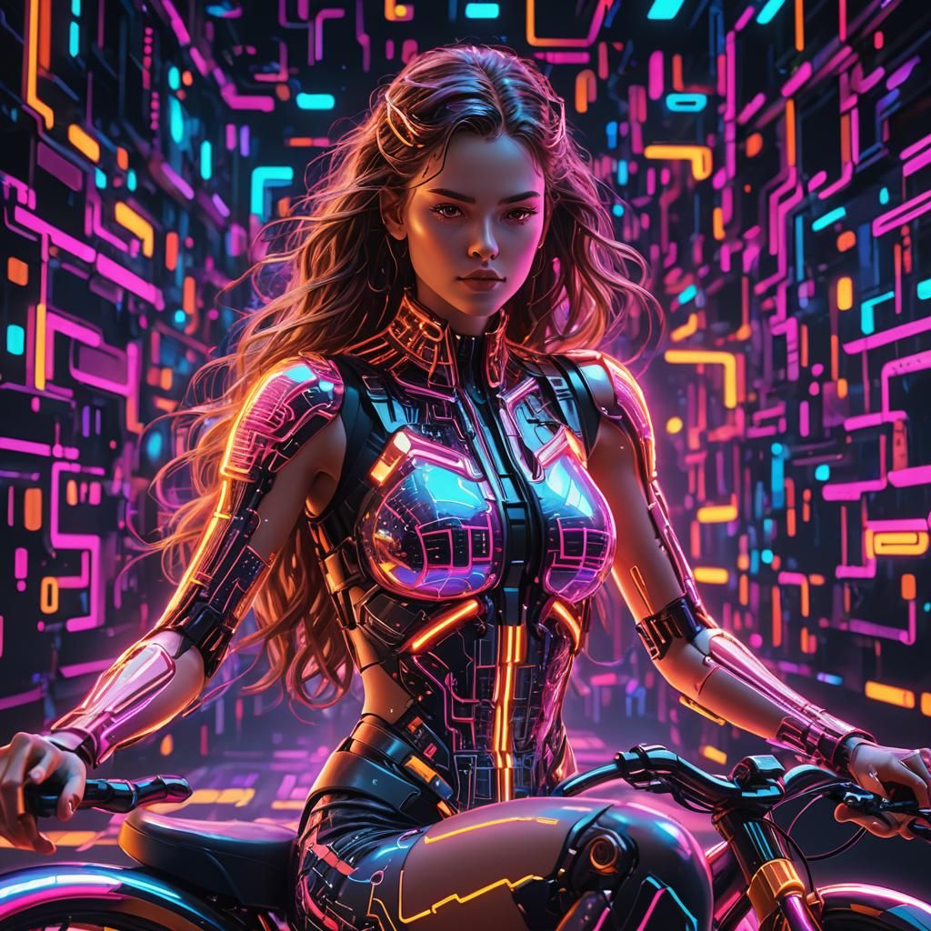 Neon Binary Woman on Bike in Synthwave Style