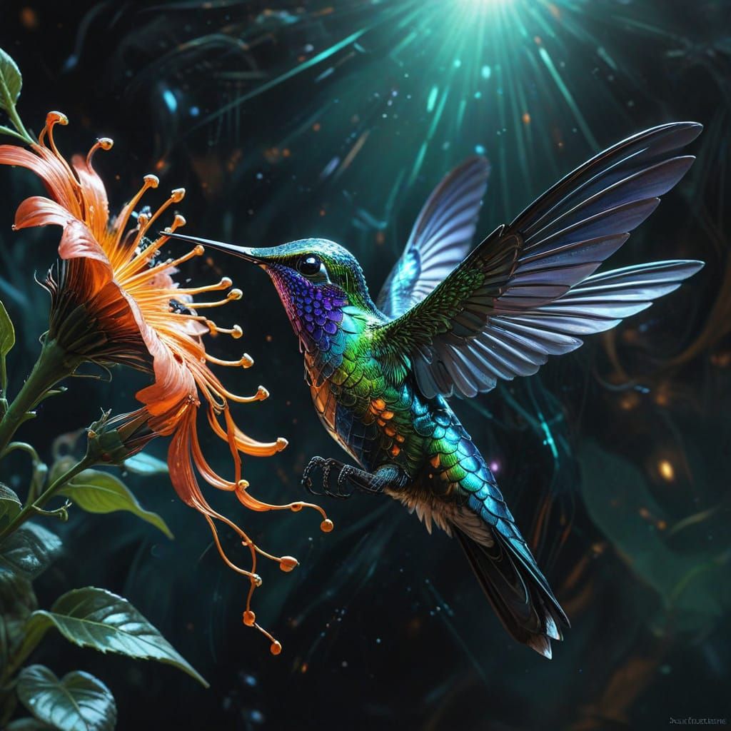 Biomechanical Hummingbird and Cybernetic Flower, Surrealist ...