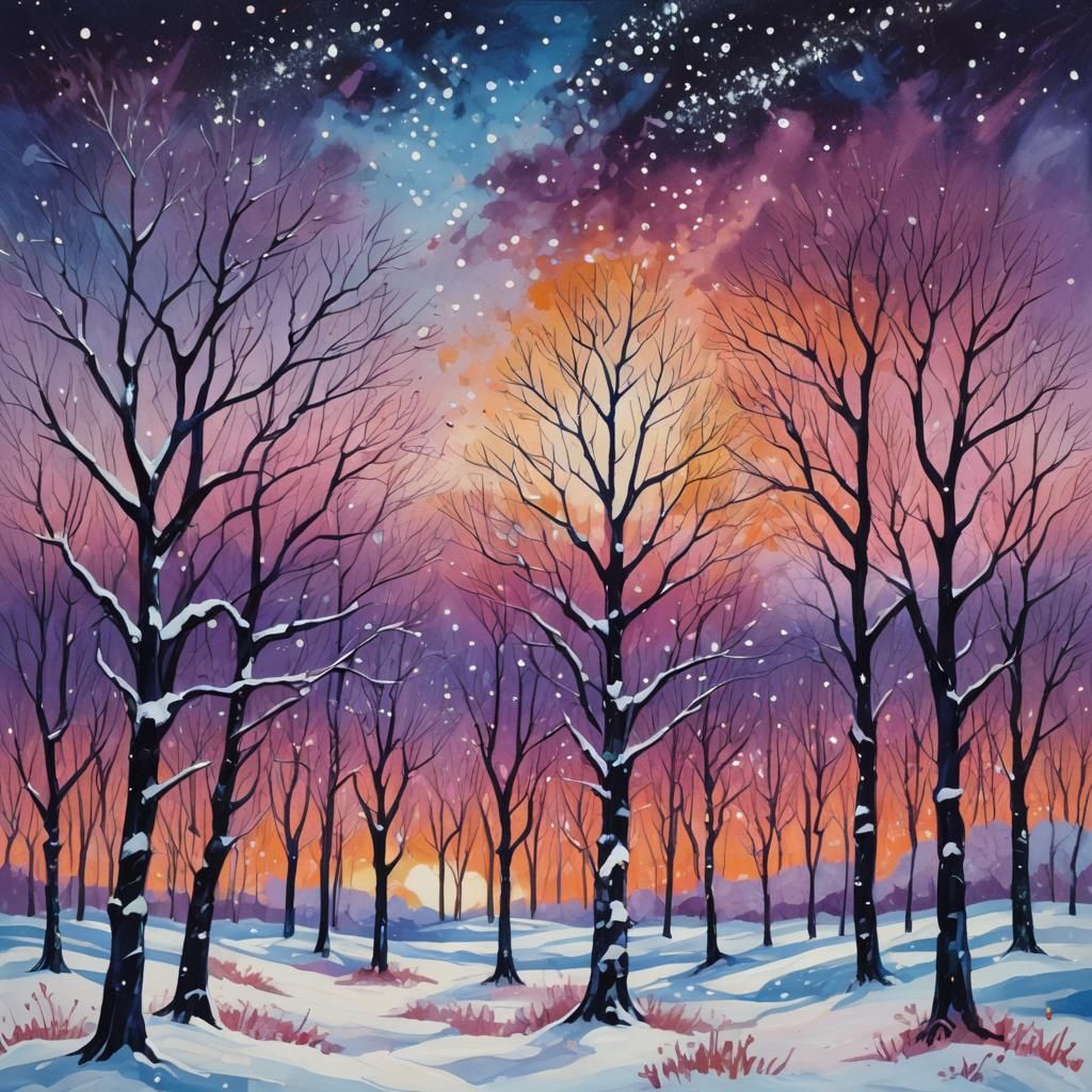 Winter Landscape with Sunset Hues in Abstract Style