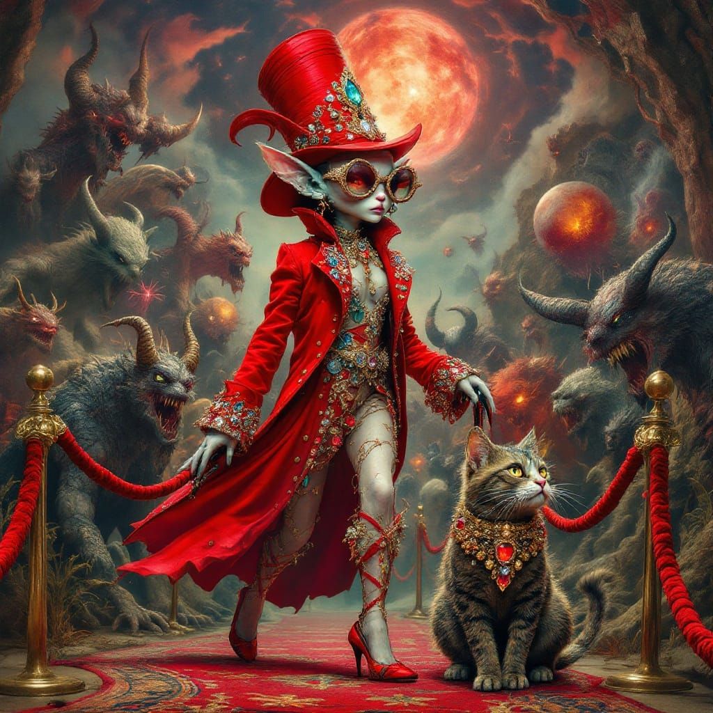 Surreal Fashionista Walks Hellish Cat in a Hieronymus Bosch-...