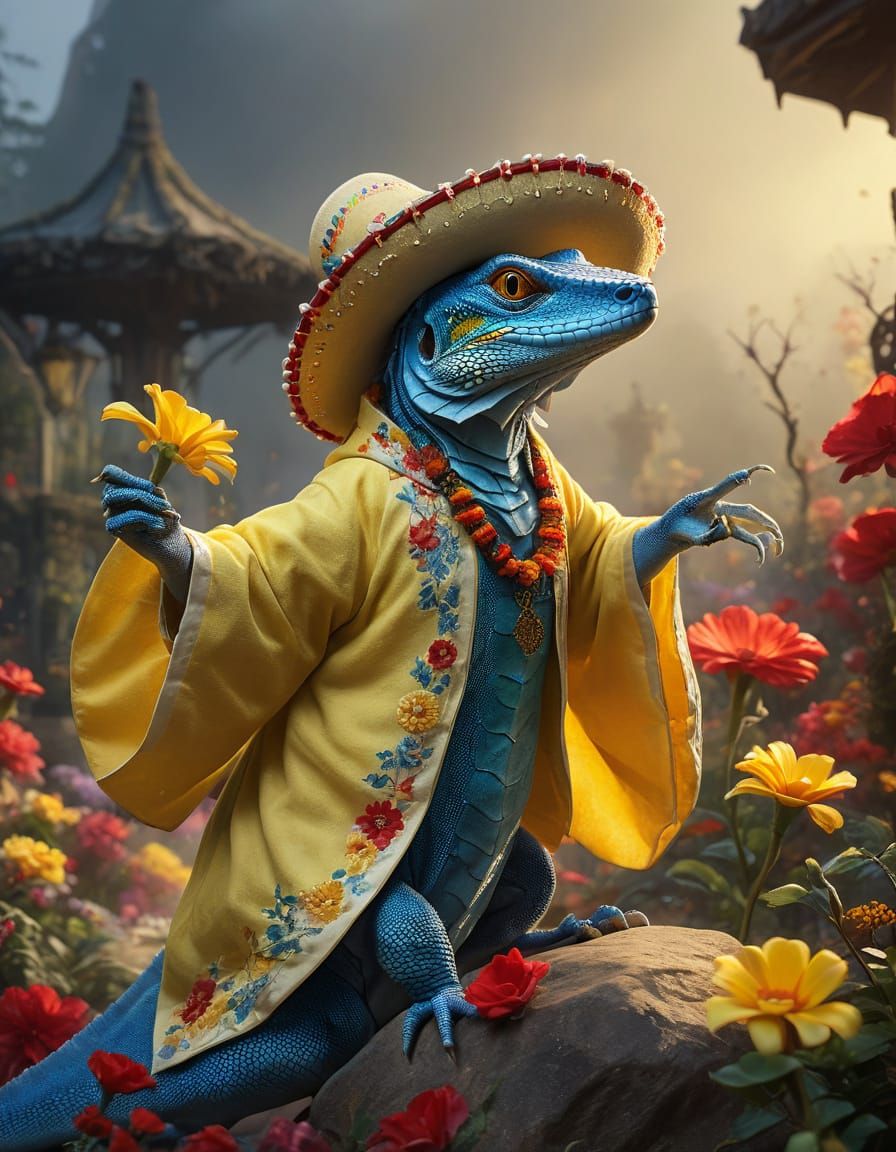 Blue Lizard in Yellow Robe with Sombrero