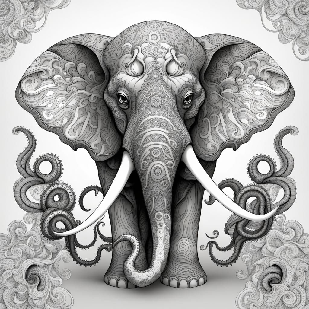 Elephant and Octopus in Abstract Vector Fractal Style