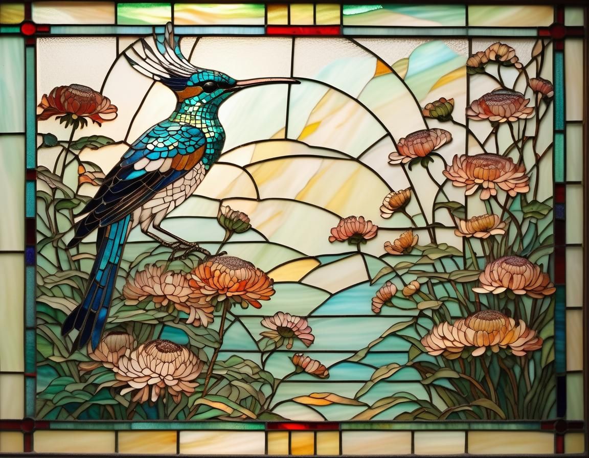 Stained Glass Hoopoe House with Chrysanthemums