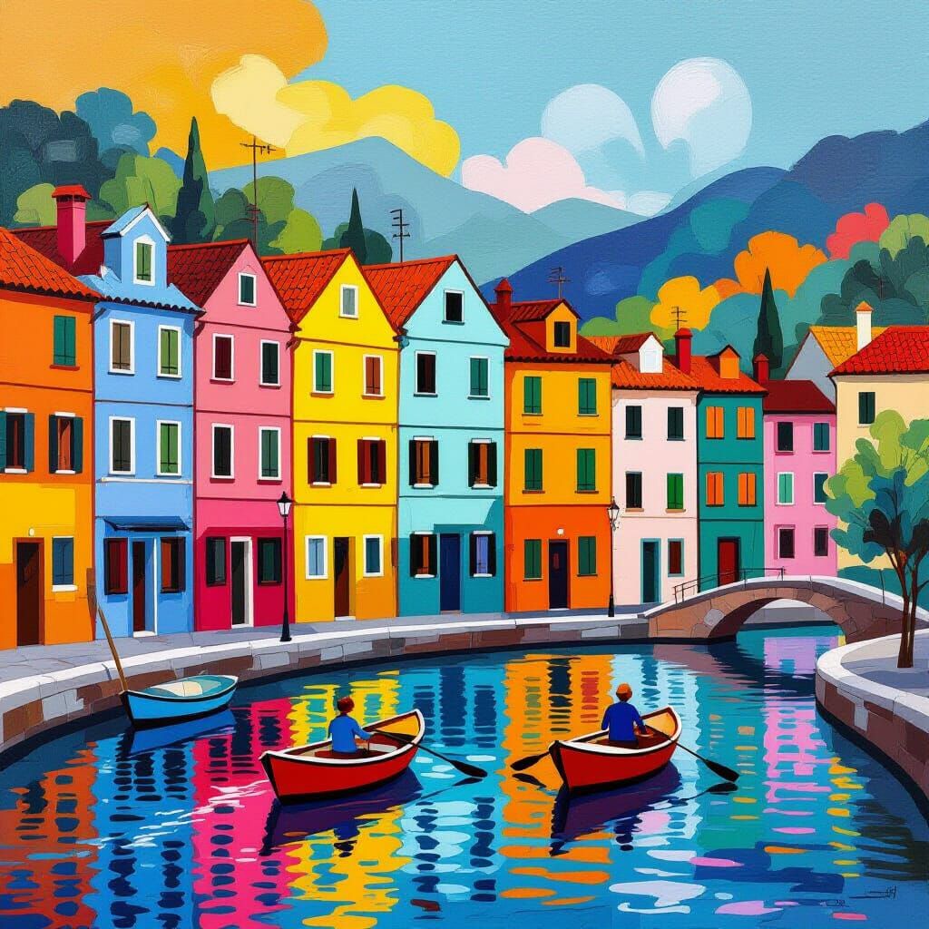 Colorful Abstract Townhouses Along Canal