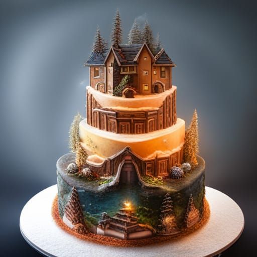 Surreal Black Forest Birthday Cake in Ethereal Style
