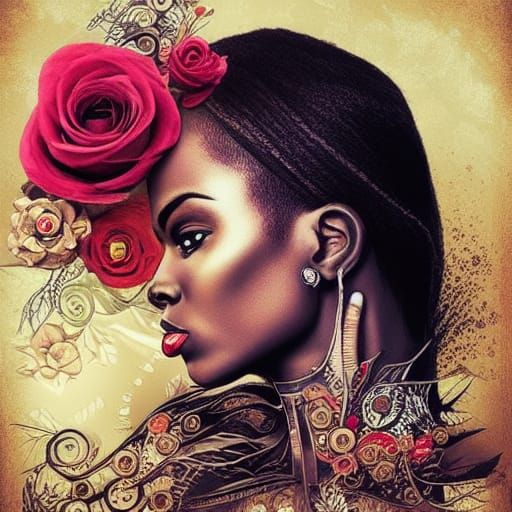 Elaborate Collage Illustration of a Dark-Skinned Face