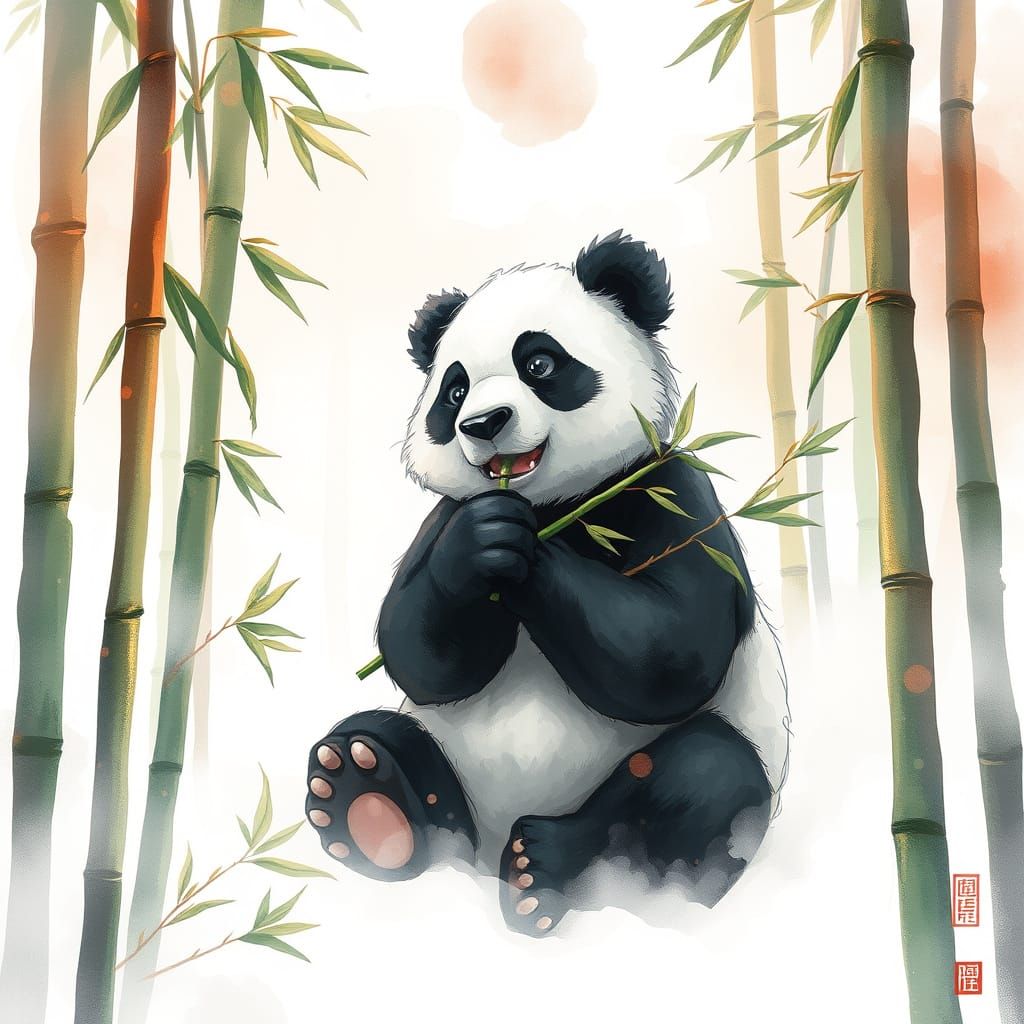 Surreal Panda Scene in Whimsical Watercolor Style