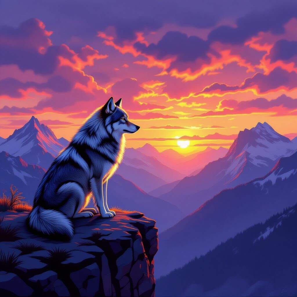 Wolf Overlooking Sunset Mountains, Hyperrealistic Detail
