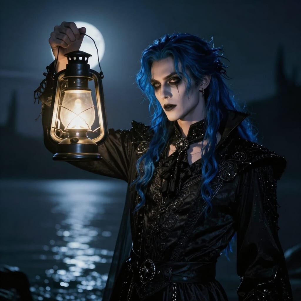 Gothic Man With Blue Hair Holds Glowing Lantern
