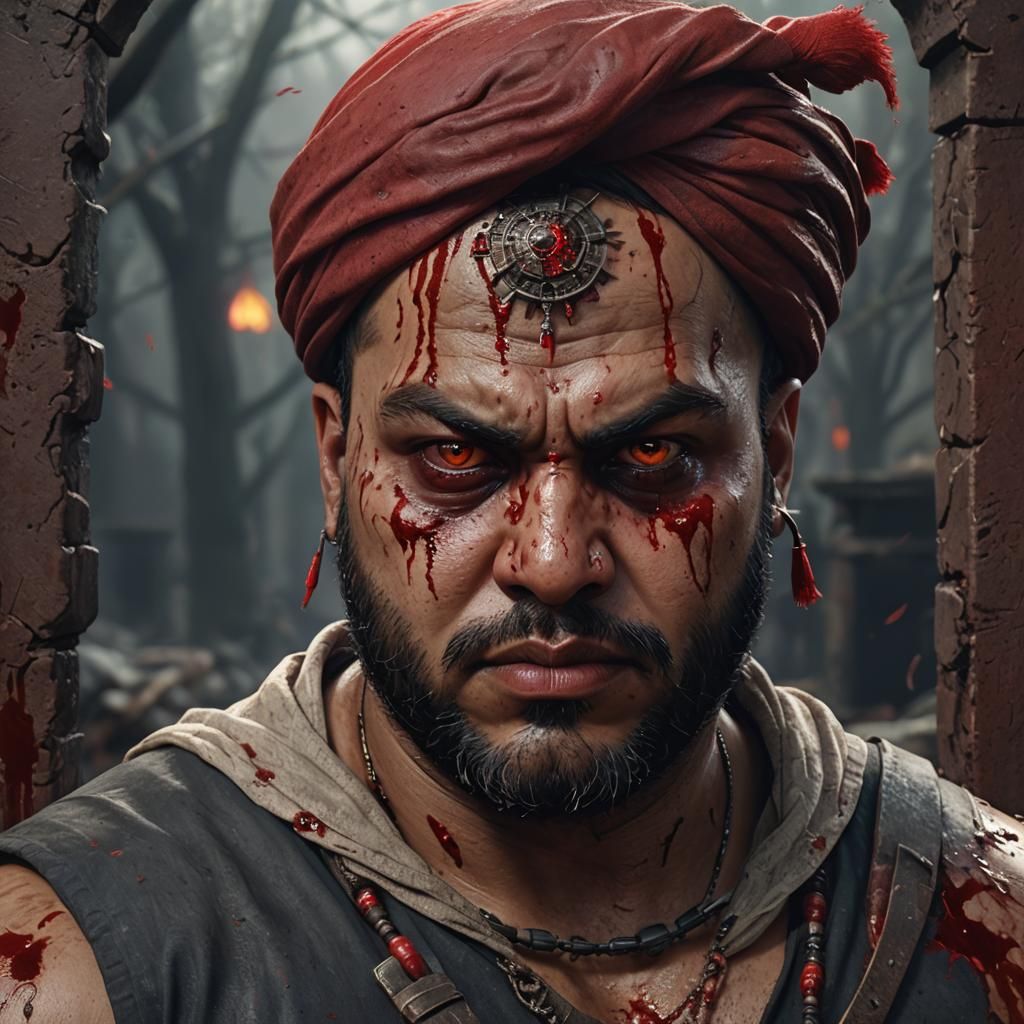 Hyperrealistic Portrait of a Man with Red Eyes