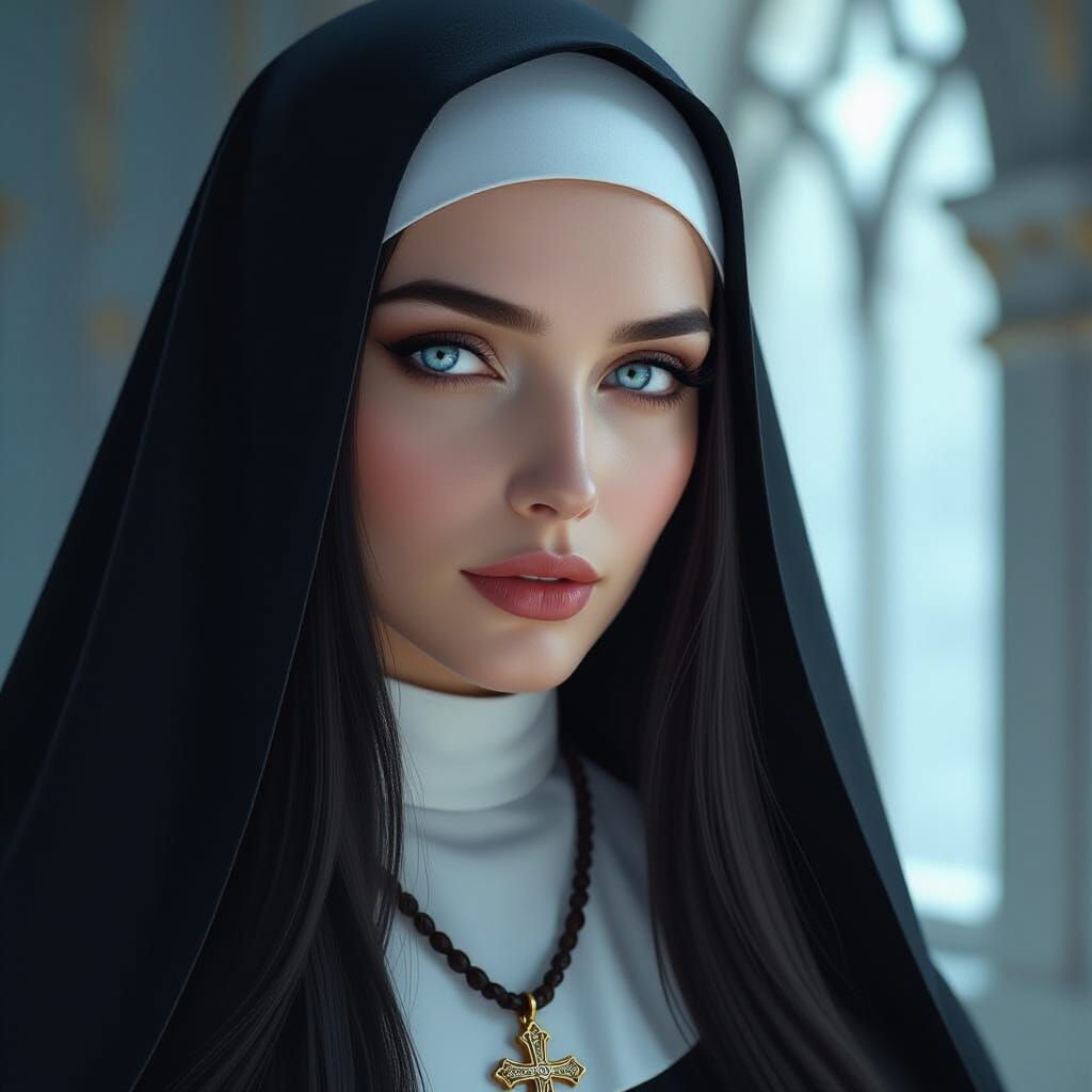 Ethereal Nun Portrait in Art Nouveau Style
