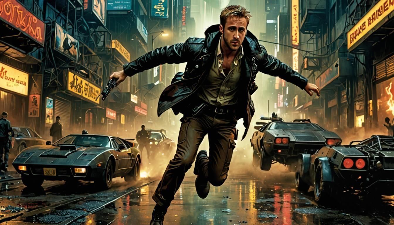 Ryan Gosling Blade Runner - Chasing a robot - Action shot --...