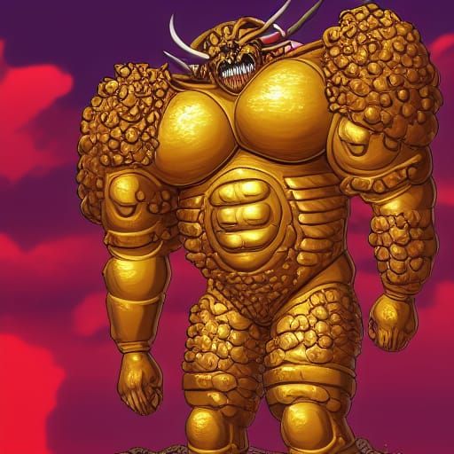 Golden Armored Beast Portrait with Dragon, Hyperrealistic