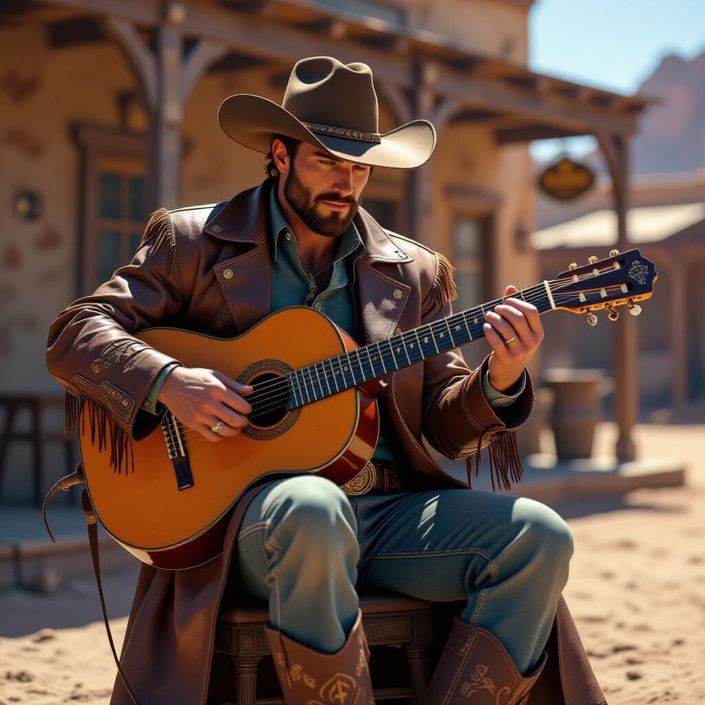Cowboy Guitarist in Desert Bar, Dark Fantasy Style