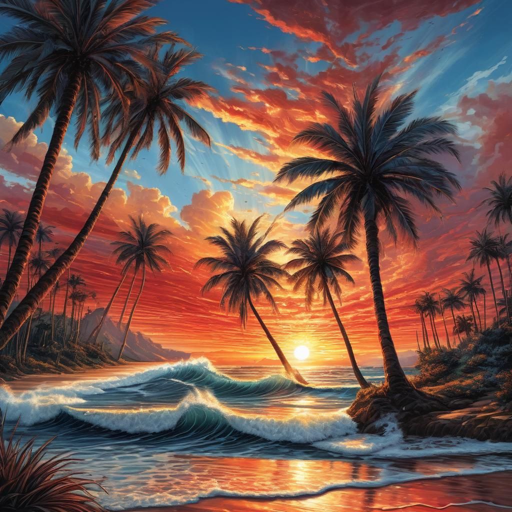 Majestic Sunset Over Ocean with Palm Trees