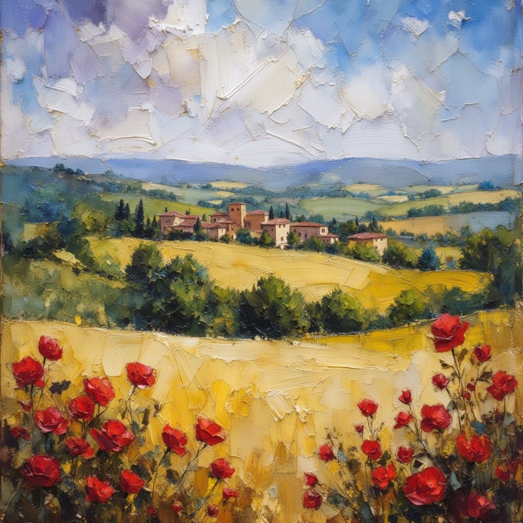 Tuscan Landscape in Impasto Oil Painting Style